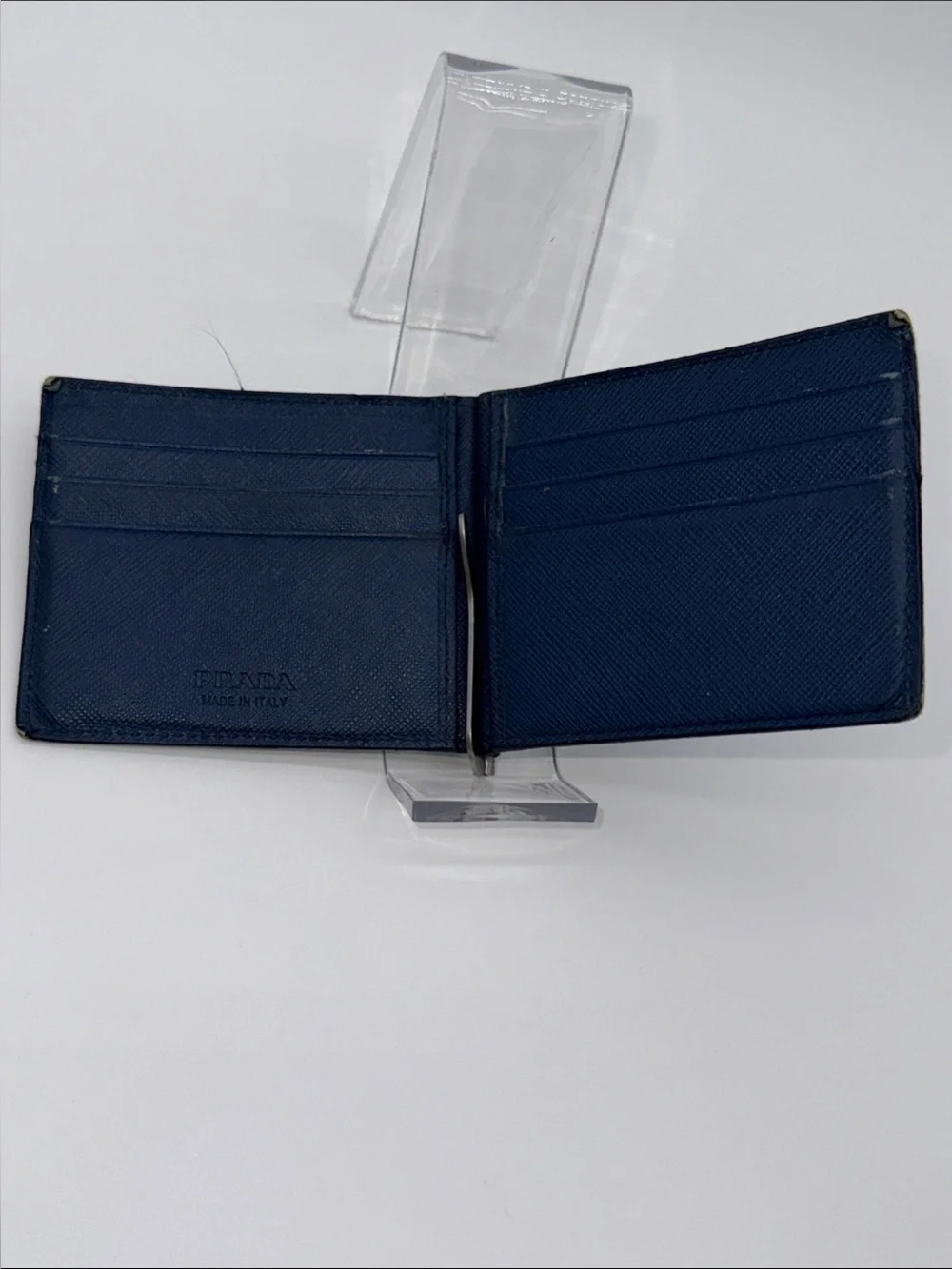 Prada Navy Saffiano Leather Money Clip Wallet with Gold Logo